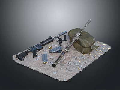 Tactical Weapons Display Featuring Rifle Rocket Launcher Bullets On Gravel Ground 3d model