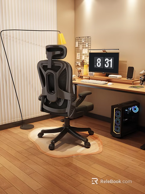 Ergonomic Mesh Back Office Chair in Home Office Setup with Computer Desk and Monitor 3d model 