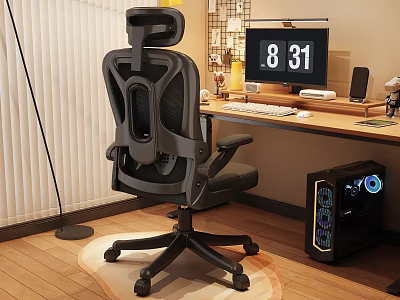 Ergonomic Mesh Back Office Chair in Home Office Setup with Computer Desk and Monitor 3d model
