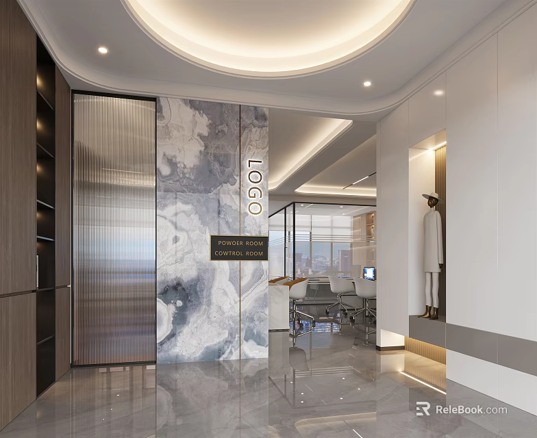 Modern Office Interior Design With Marble Wall Reception Desk Glass Partitions And Lighting 3d model 