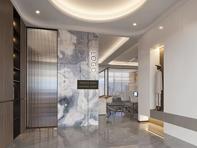 Modern Office Interior Design With Marble Wall Reception Desk Glass Partitions And Lighting 3d model