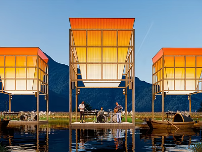 Scenic Waterfront Campsite With Orange Roofed Structures Mountain Views And Reflections 3d model