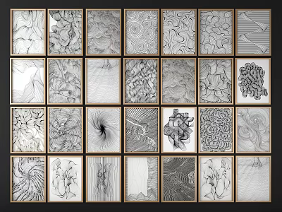 Black And White Abstract Artworks In Framed Grid With Diverse Textures And Patterns 3d model