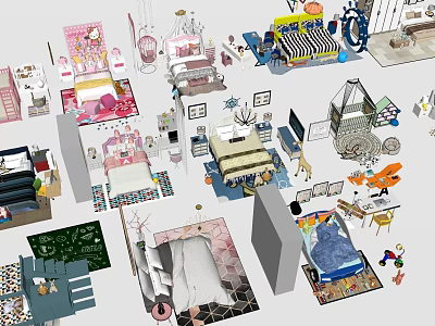 Stylish Children's Bed with Canopy and Colorful Bedding for Kids Bedroom 3d model