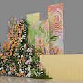 Floral Artistic Display With Colorful Painted Panels Floral Patterns And Yellow Platform