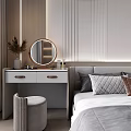 Modern Bedroom Interior With Upholstered Bed Round Mirror Pendant Lights Wardrobe And Area Rug