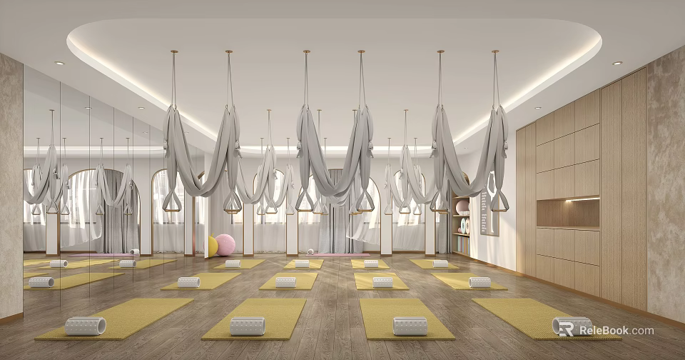 Bright Spacious Yoga Studio With Hanging Hammocks Yellow Mats And Mirrored Walls 3d model 