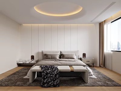 Modern Minimalist Bedroom Interior With Circular Ceiling Light Bed Bench Area Rug And Window Curtains 3d model