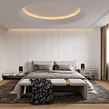 Modern Minimalist Bedroom Interior With Circular Ceiling Light Bed Bench Area Rug And Window Curtains