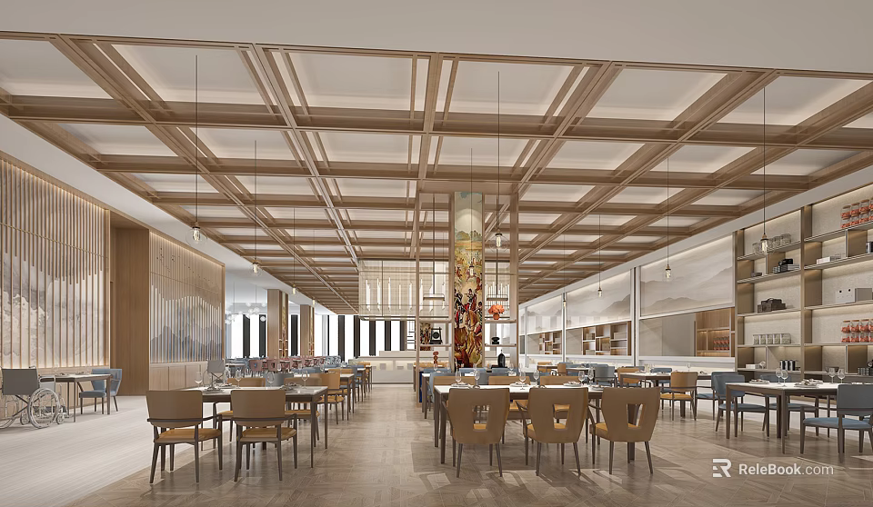 Modern Restaurant Interior Design With Wooden Ceiling Hanging Lights And Dining Tables Chairs 3d model 