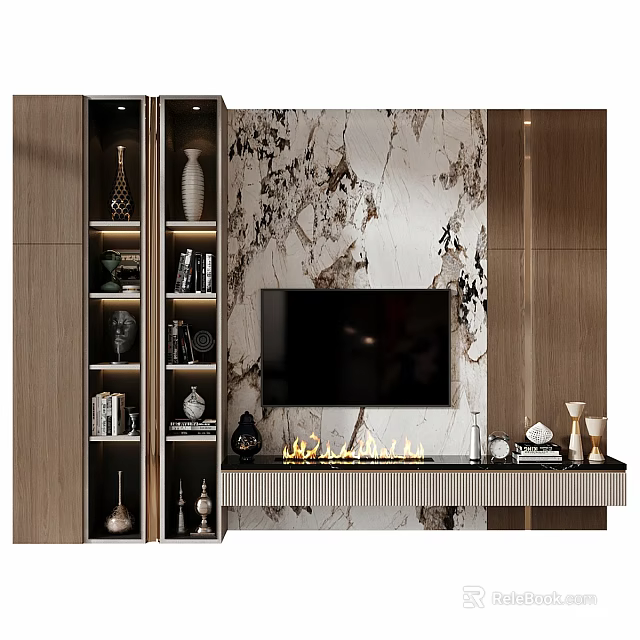Elegant TV Backdrop Design With Marble Wall Wooden Cabinets And Decorative Vases 3d model 