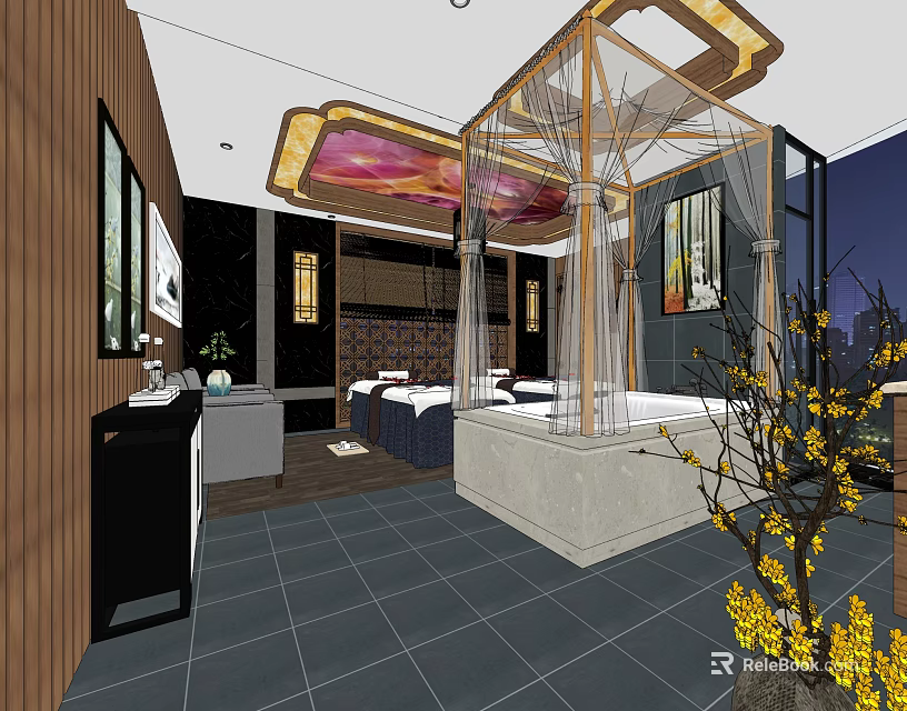 Comfortable Beauty And Hair Salon Space With Treatment Beds Styling Chairs And Soft Lighting Decor 3d model 