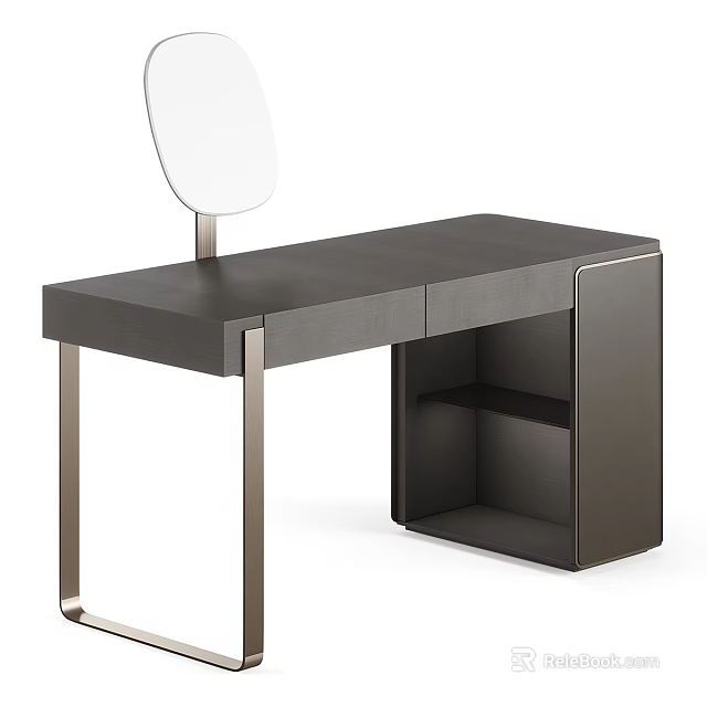 Modern Dressing Table With Circular Mirror Metal Legs And Open Shelf 3d model 