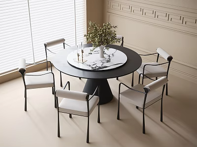 Modern Dining Chairs With Black Frame Light Upholstered Seats Around Round Table 3d model