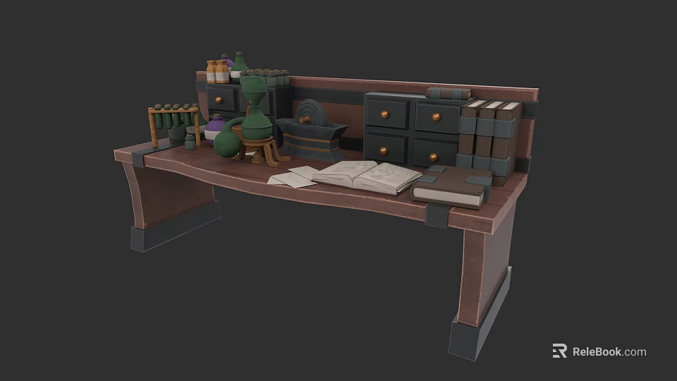 Vintage Wooden Desk With Open Books Scrolls Bottles And Drawer Cabinet 3d model 