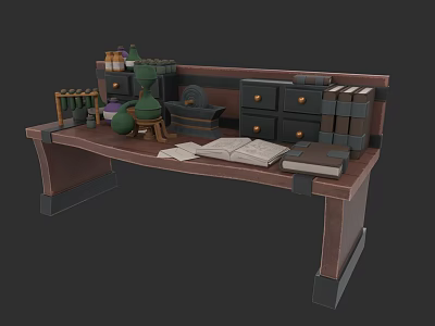 Vintage Wooden Desk With Open Books Scrolls Bottles And Drawer Cabinet 3d model