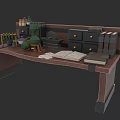 Vintage Wooden Desk With Open Books Scrolls Bottles And Drawer Cabinet