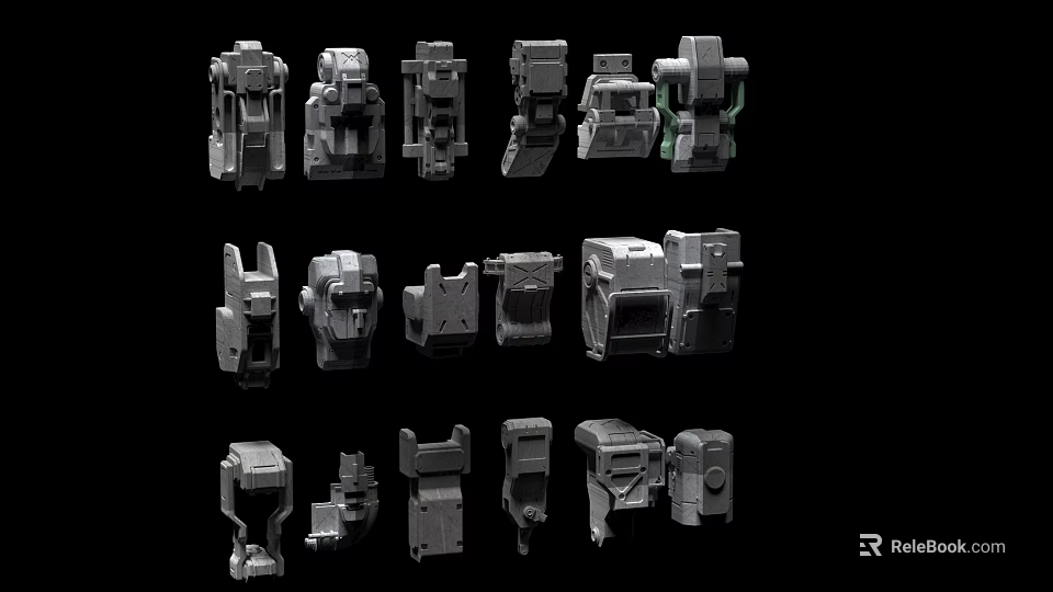Multiple Gray Industrial Equipment Parts Various Shapes Arranged On Black Background 3d model 