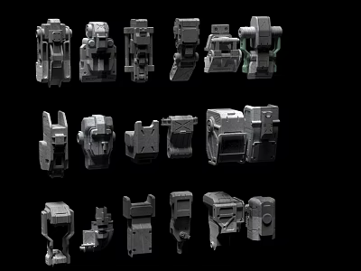 Multiple Gray Industrial Equipment Parts Various Shapes Arranged On Black Background 3d model