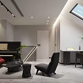 Modern Study Room With Bookshelves Desk Chair Skylight Red Sofa And Green Plants