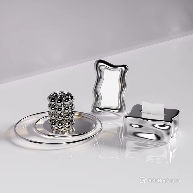 Modern Silver Decorative Ornament Set With Tray Curved Frame Sphere And Tissue Box 3d model 