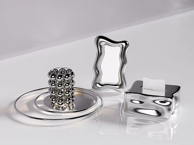 Modern Silver Decorative Ornament Set With Tray Curved Frame Sphere And Tissue Box 3d model