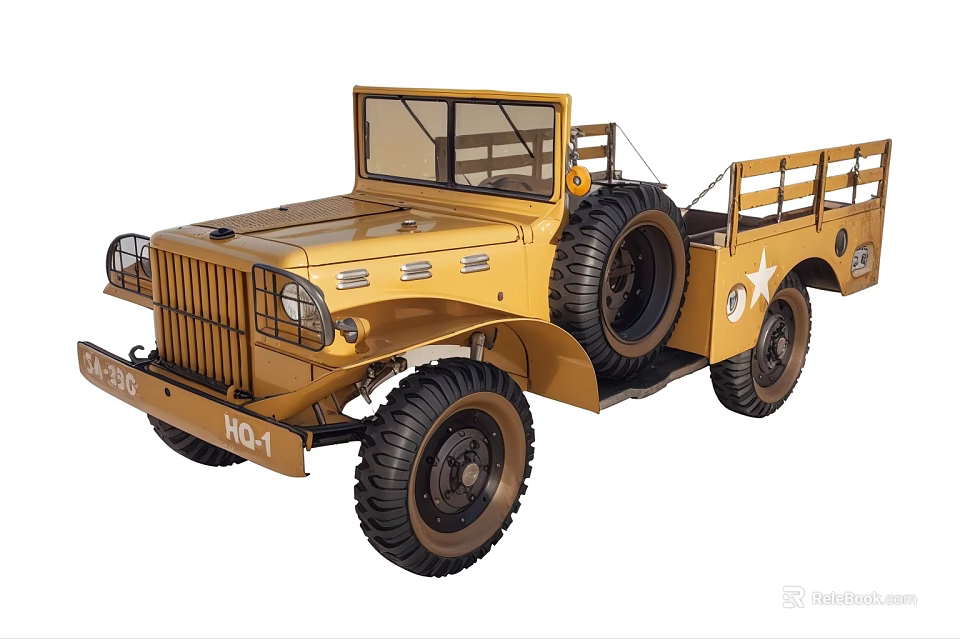 Vintage Yellow Military Truck with Large Tires Open Cargo Bed Star Emblem 3d model 