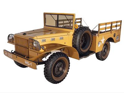 Vintage Yellow Military Truck with Large Tires Open Cargo Bed Star Emblem 3d model