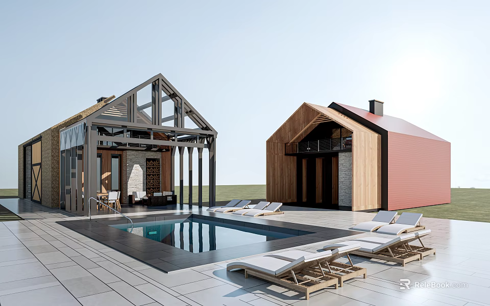 Wooden Beam Villa with Swimming Pool Outdoor Sun Loungers and Sloped Roof 3d model 