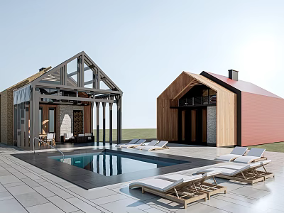 Wooden Beam Villa with Swimming Pool Outdoor Sun Loungers and Sloped Roof 3d model