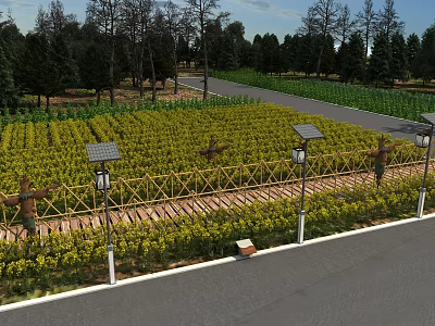 Beautiful Yellow Flower Field With Bamboo Fence Solar Lights Scarecrows Distant Trees And Country Road 3d model