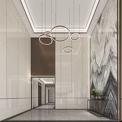 Modern Hotel Lobby With Marble Walls Circular Pendant Lights Wooden Accents Mirror And Potted Plants 3d model