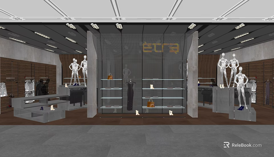 Modern Clothing Store Interior With Glass Window Display Mannequins Shelves And Lighting 3d model 