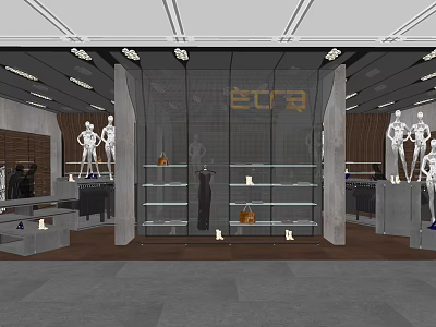 Modern Clothing Store Interior With Glass Window Display Mannequins Shelves And Lighting 3d model