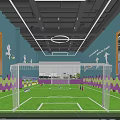 Indoor Football Field With Blue Walls White Sports Silhouettes Hexagon Decorations Green Turf And Goalpost