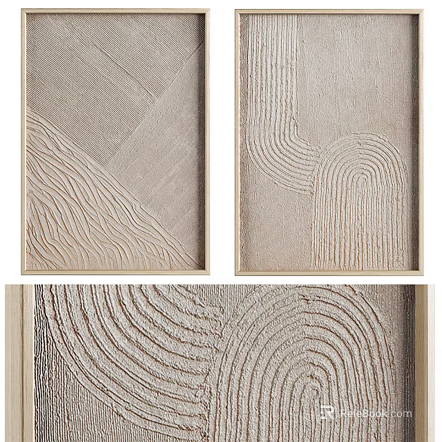 Abstract Textured Decorative Wall Art With Wooden Frame And Beige Tones 3d model 