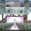 Luxurious Banquet Hall Decor With Hanging Crystal Lights Flower Arrangements And Stage Screen