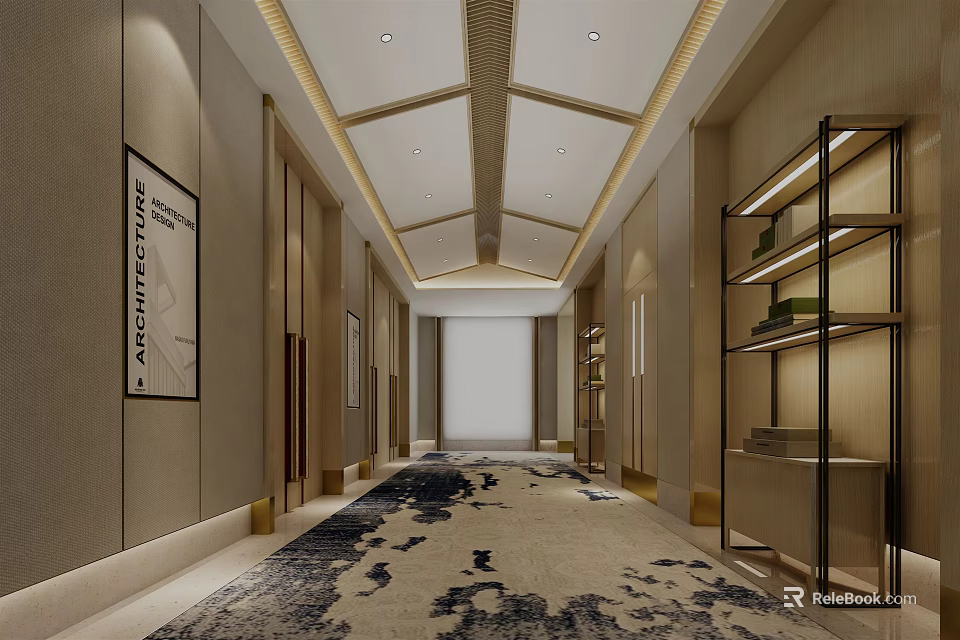Modern Reception Area with Beige Walls Wooden Ceiling Patterned Carpet Decorative Painting and Display Shelves 3d model 