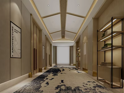 Modern Reception Area with Beige Walls Wooden Ceiling Patterned Carpet Decorative Painting and Display Shelves 3d model