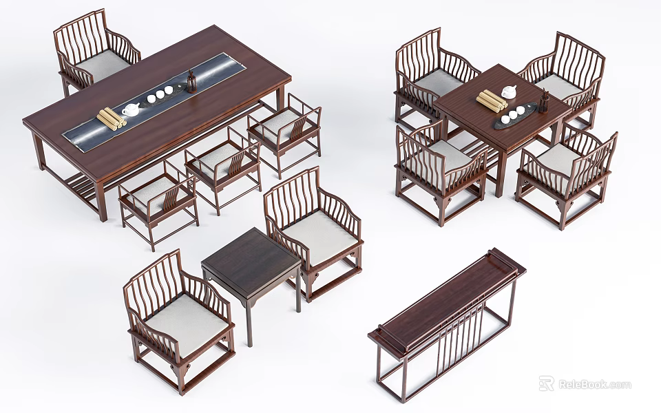 Traditional Chinese Dark Wooden Dining Table Set With Chairs And Side Tables 3d model 