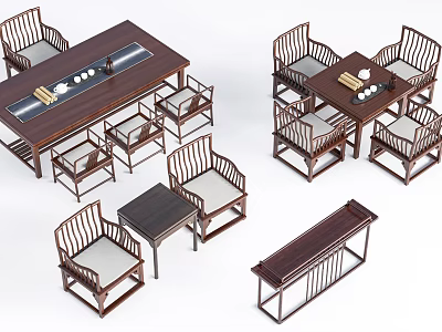 Traditional Chinese Dark Wooden Dining Table Set With Chairs And Side Tables 3d model