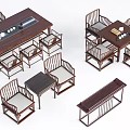 Traditional Chinese Dark Wooden Dining Table Set With Chairs And Side Tables