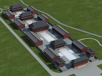 Ancient Chinese Architecture Complex With Traditional Red Roofs Symmetrical Layout And Grassland Surroundings 3d model
