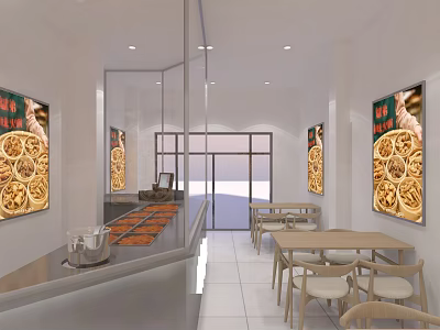 Bright Restaurant Interior With White Walls Food Posters Display Counter And Dining Tables 3d model