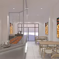 Bright Restaurant Interior With White Walls Food Posters Display Counter And Dining Tables