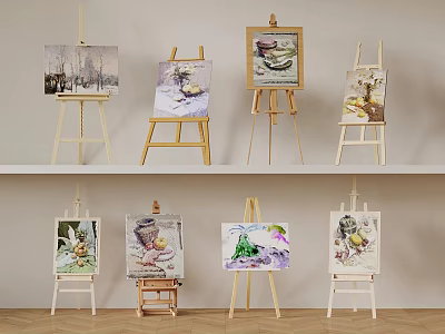 Various Wooden Easels With Colorful Paintings Arranged On Display Shelf 3d model
