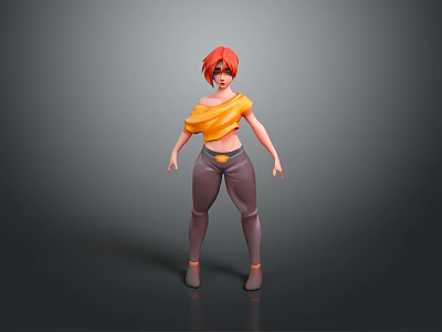 Child 3D Model with Red Short Hair Yellow Top Gray Pants on Gray Background 3d model