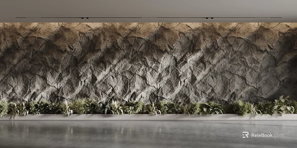 Textured Natural Gray Rock Background Wall With Lush Green Plants At Modern Interior Base 3d model 