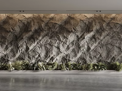 Textured Natural Gray Rock Background Wall With Lush Green Plants At Modern Interior Base 3d model