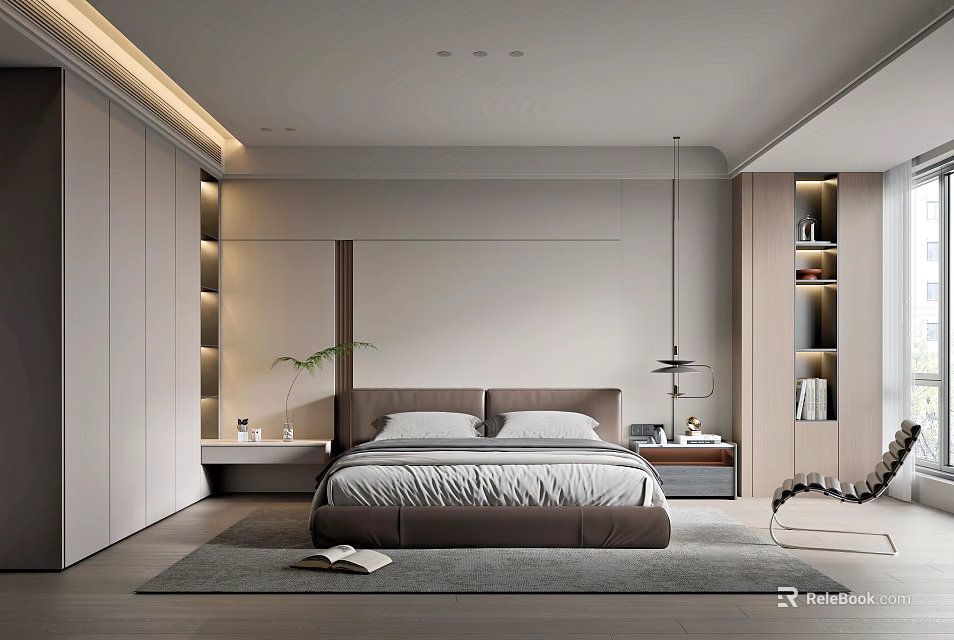 Modern Bedroom Interior With Upholstered Headboard Built-in Wardrobe Area Rug And Pendant Light 3d model 
